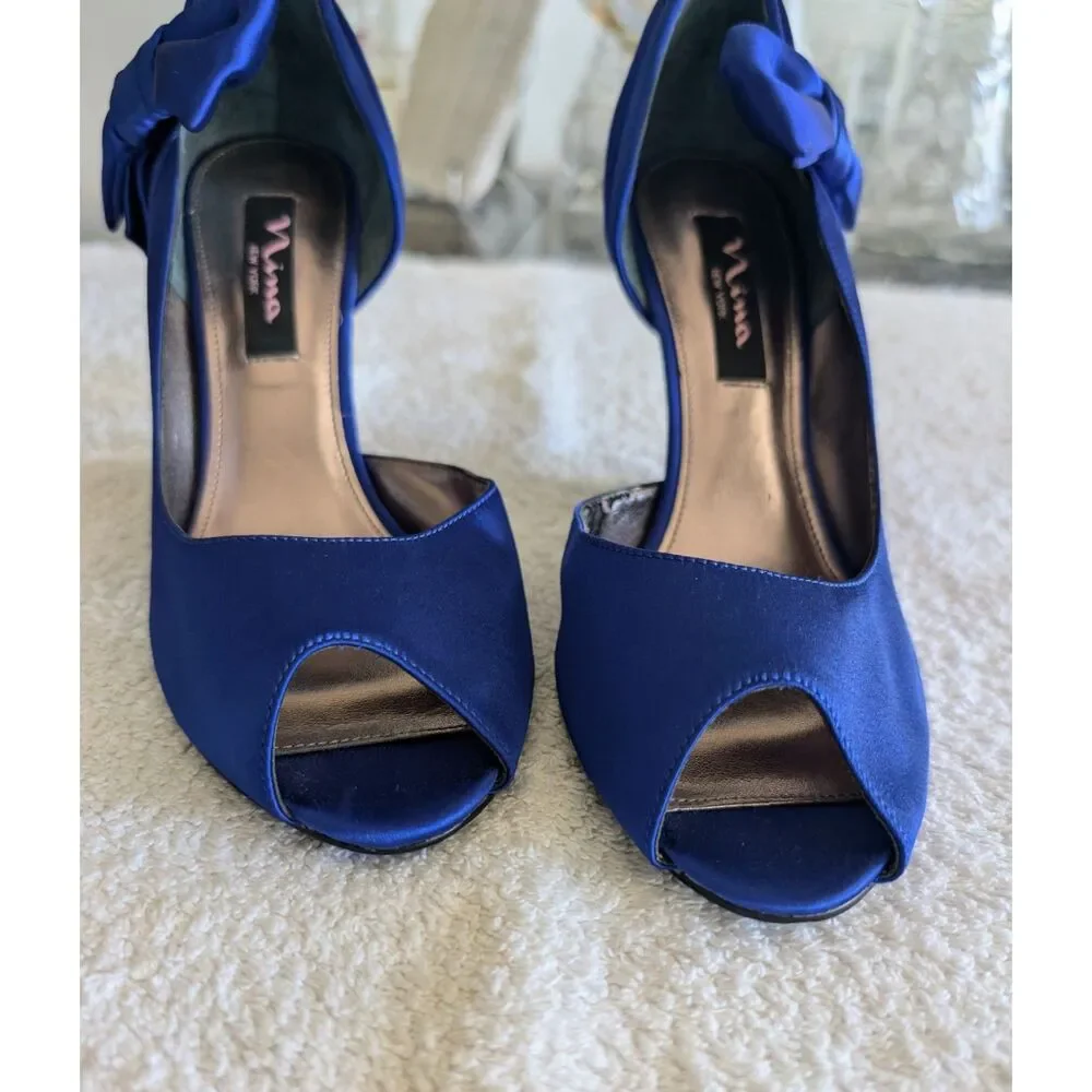 Nina New York Blue Satin Peep Toe Wedge Heels Bow Women’s 7M Formal